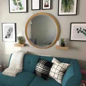 32 Inch Round Wooden Frame Floating Wall Beveled Mirror; Brown; DunaWest
